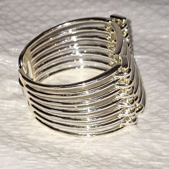 Women's Cuff Bracelet Metallic Accent Layered Silver Tone Hinged Runway - Picture 2 of 8